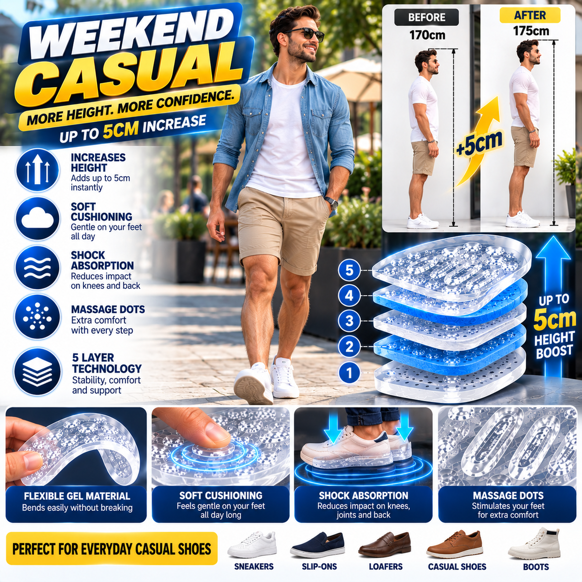 5-Layer Height Increase Insoles – Add Up to 5cm Instantly