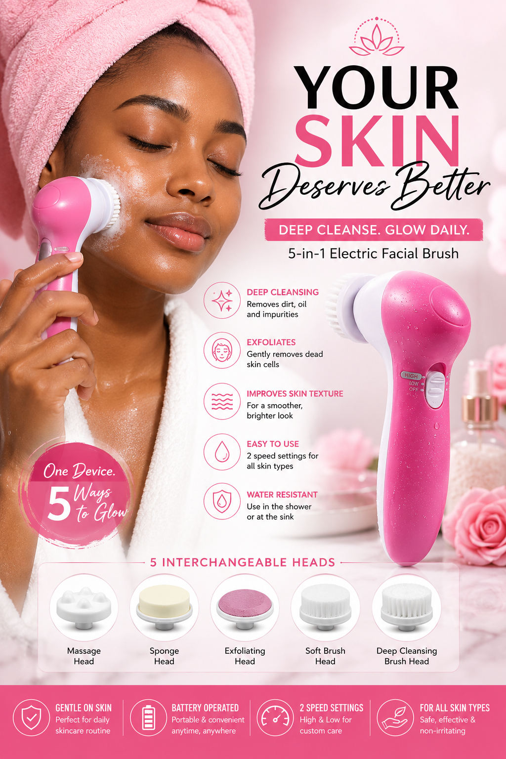 5 in 1 Electric Facial cleansing Brush Set with Massager plus free batteries