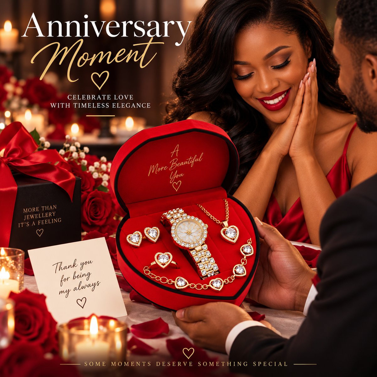 Luxurious Romantic Jewellery Gift Set with, a Watch, Earrings, Pendant Necklace, Ring and a Bracelet