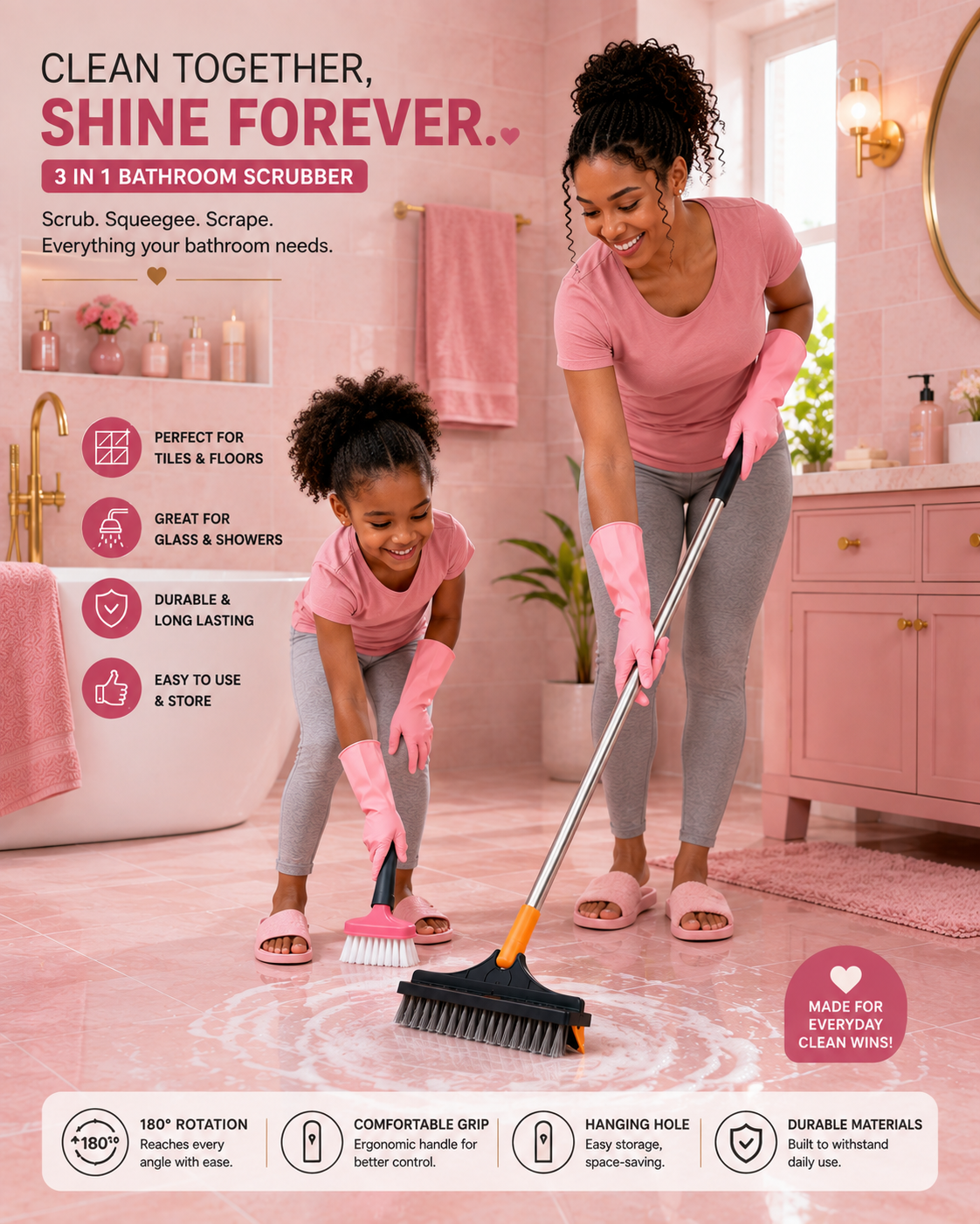 3-in-1 Bathroom Scrubber, Scrub, Scrap and Squeegee