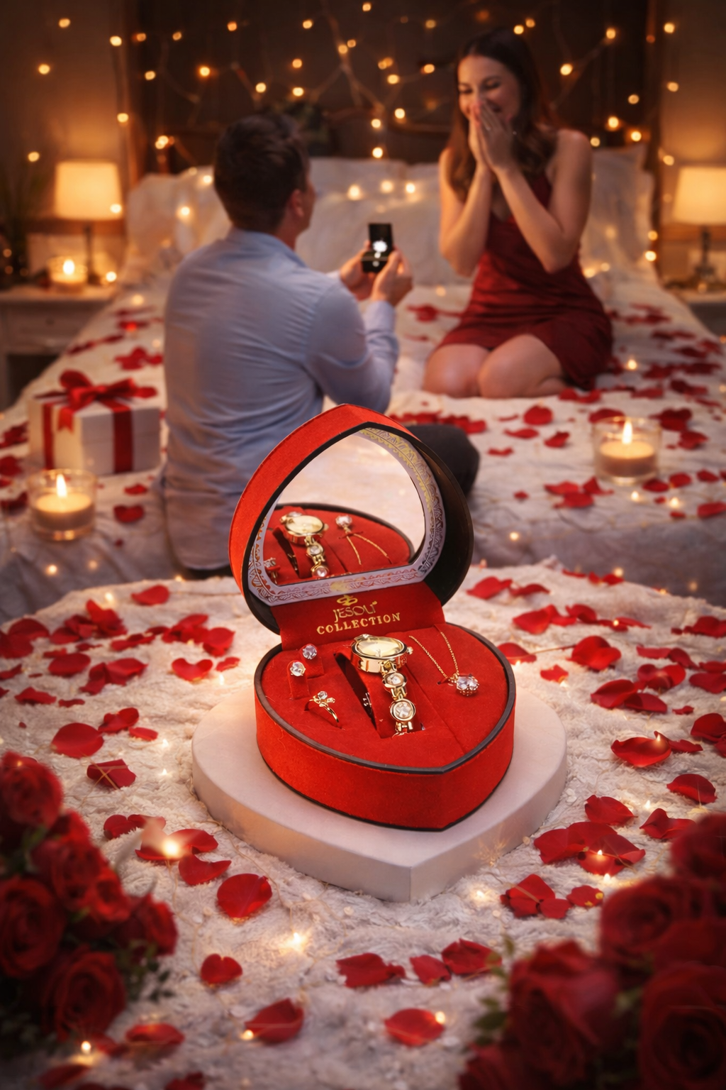 4pcs Jewelry Romantic Gift Set In a Red Heart Shape Box