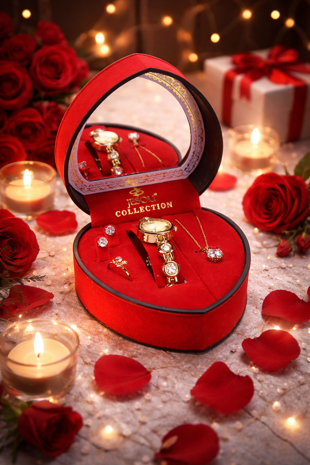 4pcs Jewelry Romantic Gift Set In a Red Heart Shape Box
