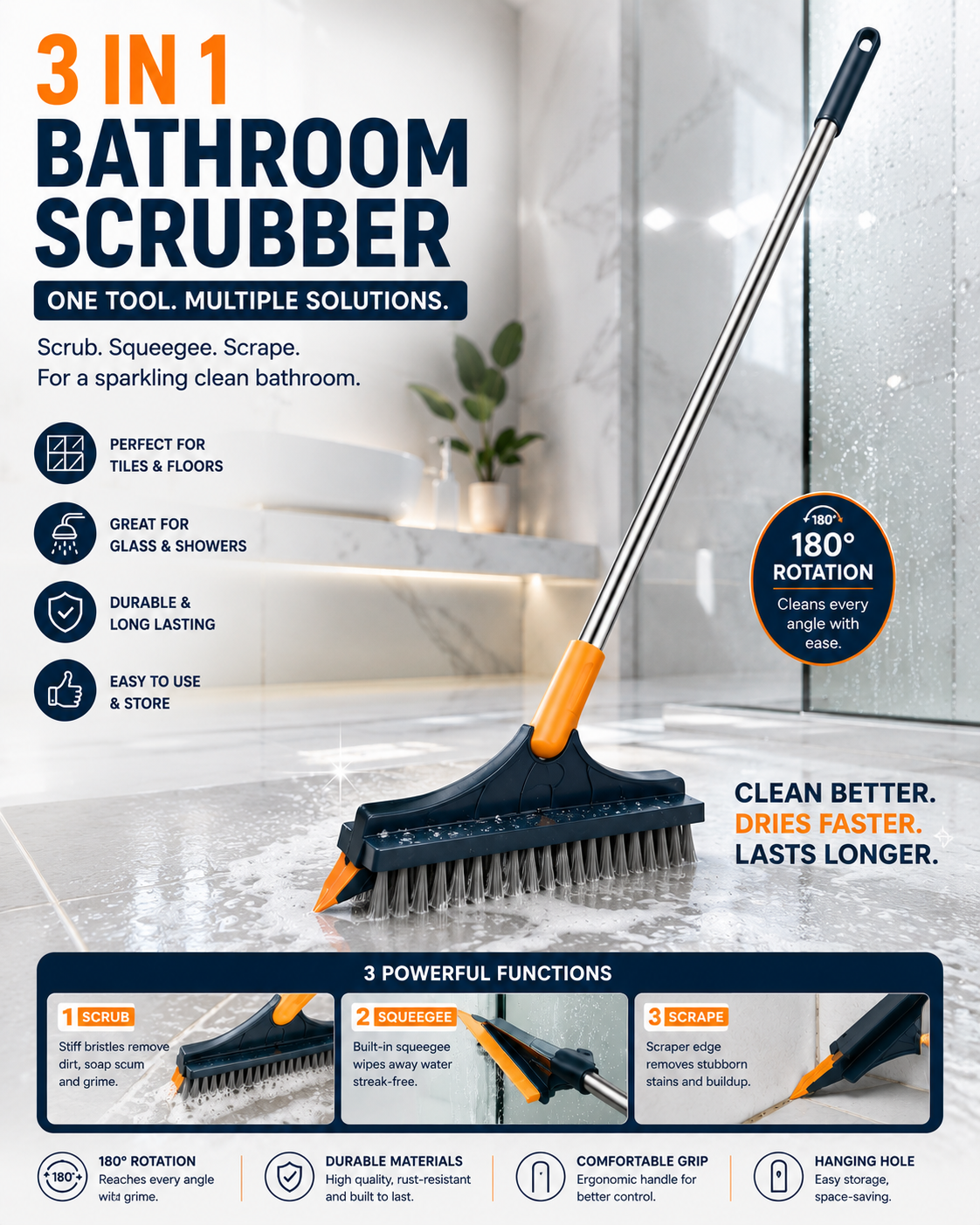 3-in-1 Bathroom Scrubber, Scrub, Scrap and Squeegee