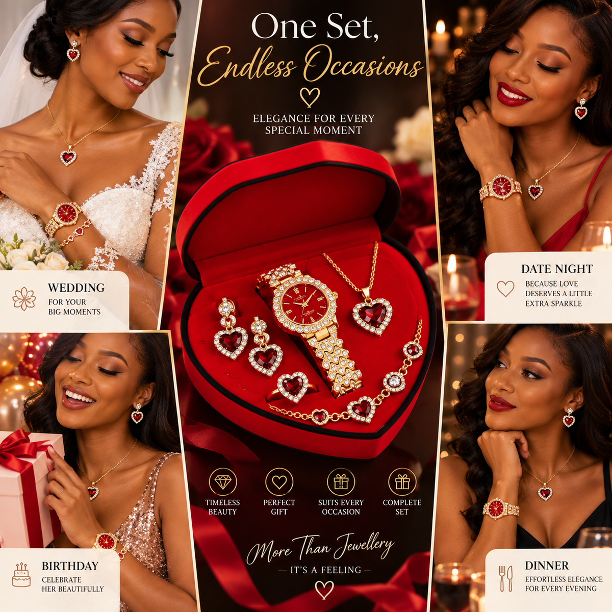 Luxurious Romantic Jewellery Gift Set with, a Watch, Earrings, Pendant Necklace, Ring and a Bracelet