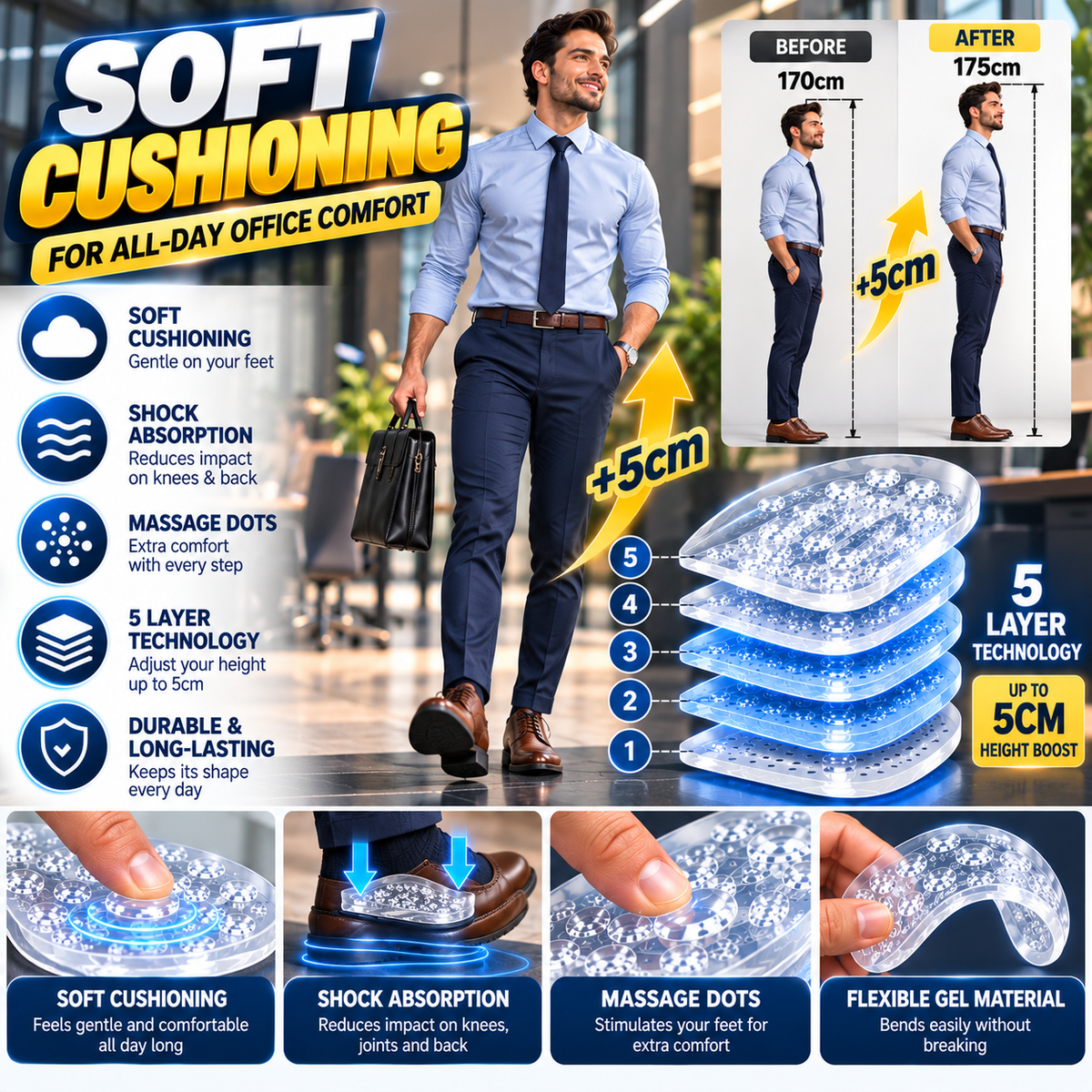 5-Layer Height Increase Insoles – Add Up to 5cm Instantly
