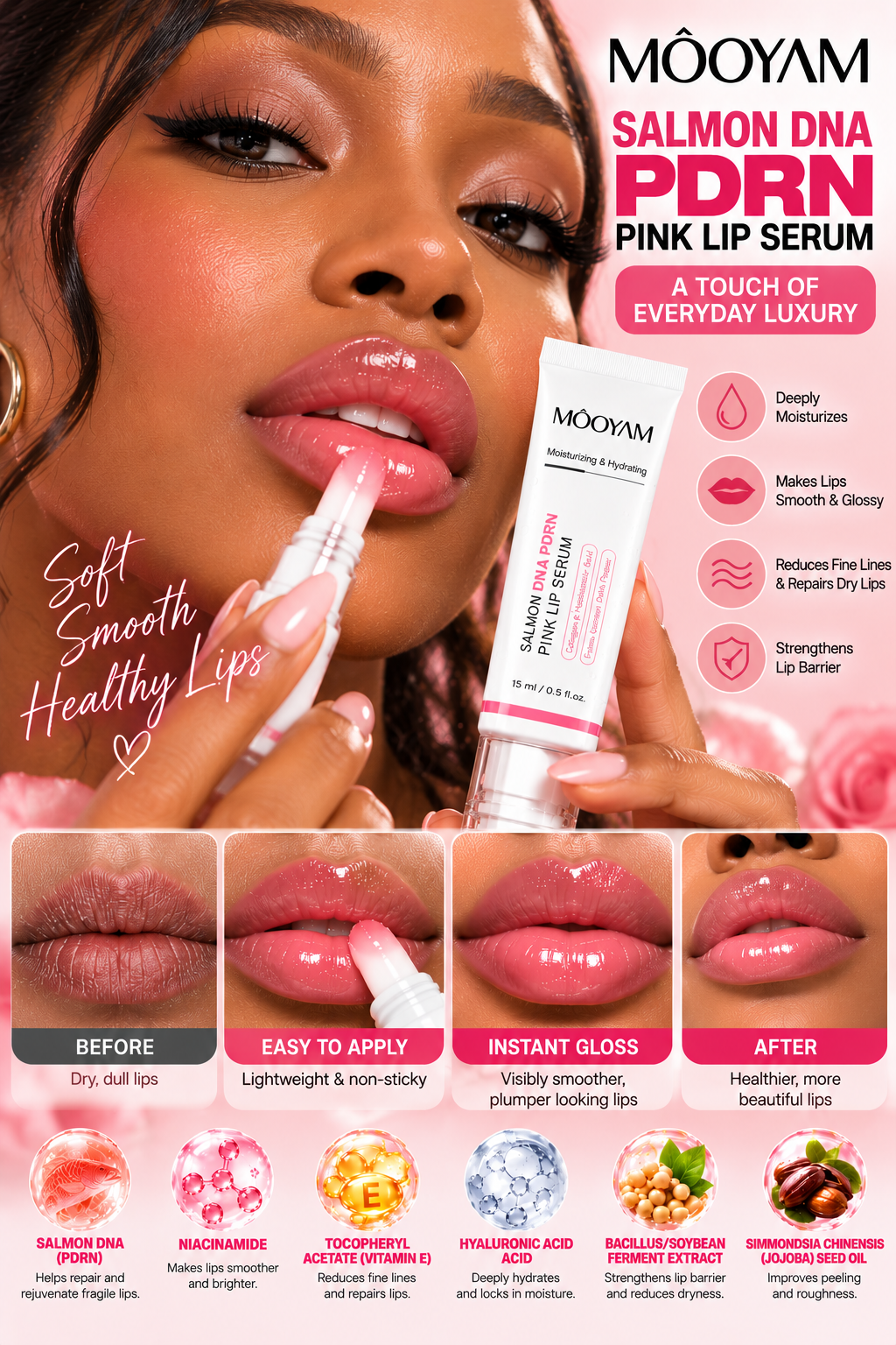 Mooyam Salmon DNA PDRN Pink Lip Serum Exfoliating for Dark Lips (Buy 1 get 1 free)