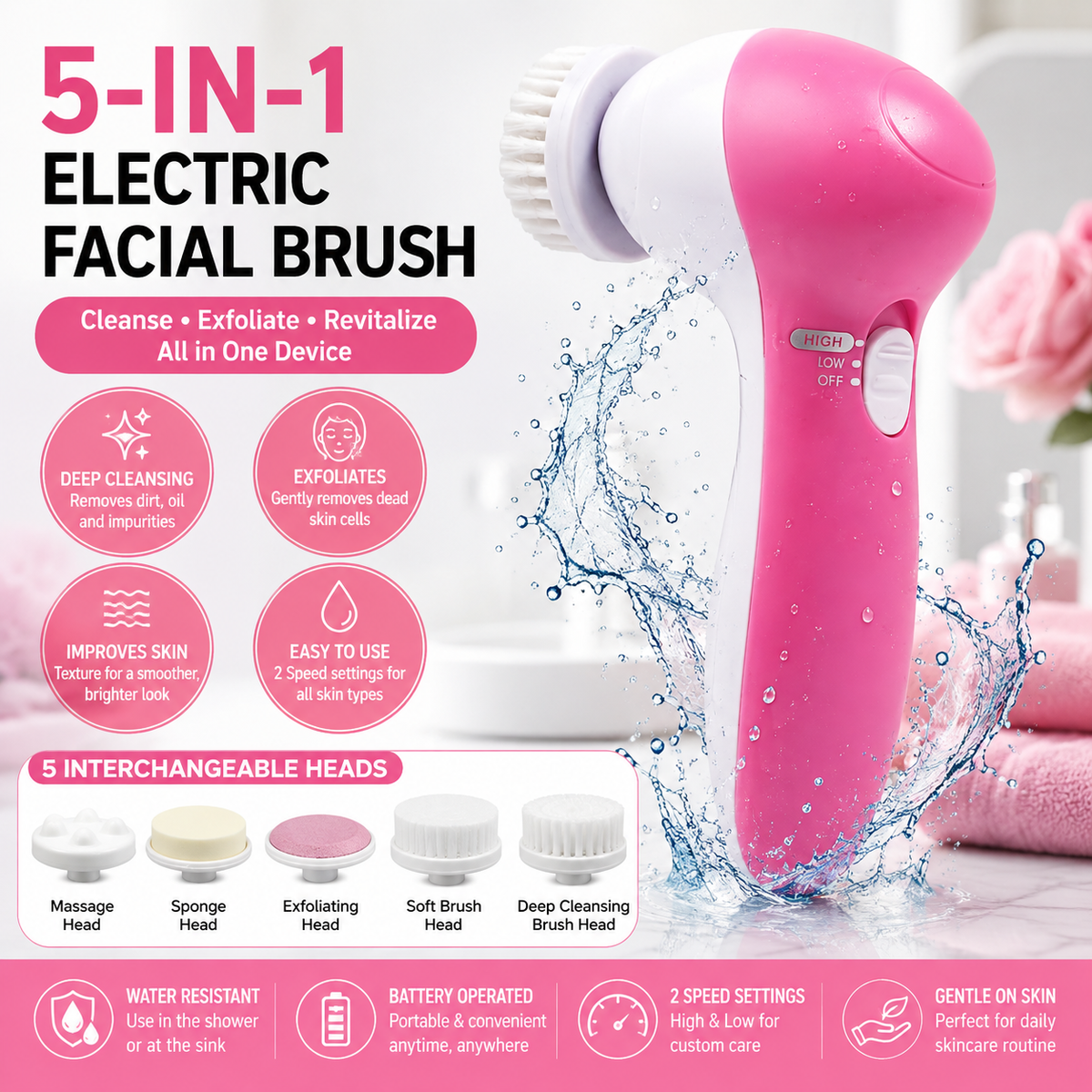 5 in 1 Electric Facial cleansing Brush Set with Massager plus free batteries