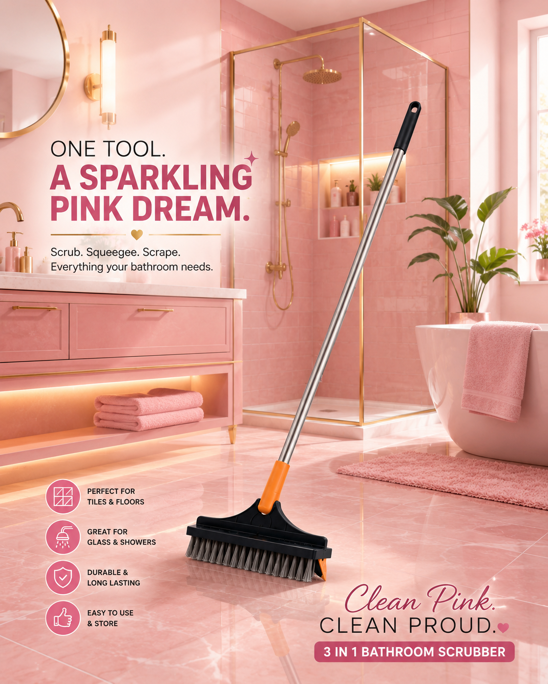 3-in-1 Bathroom Scrubber, Scrub, Scrap and Squeegee