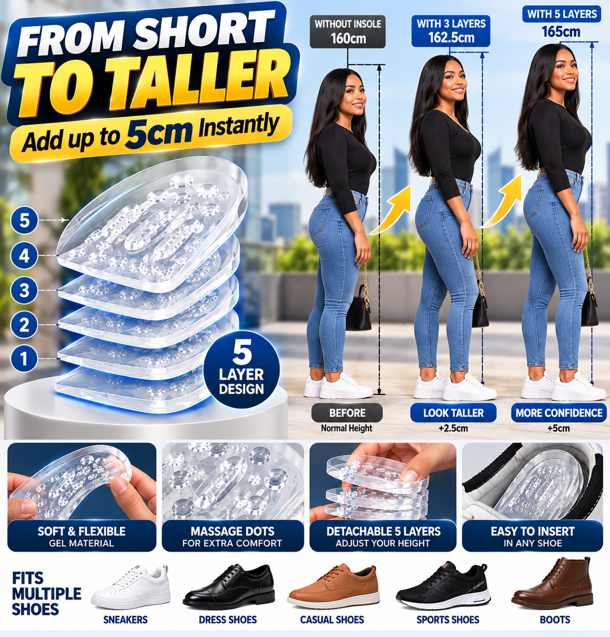 5-Layer Height Increase Insoles – Add Up to 5cm Instantly