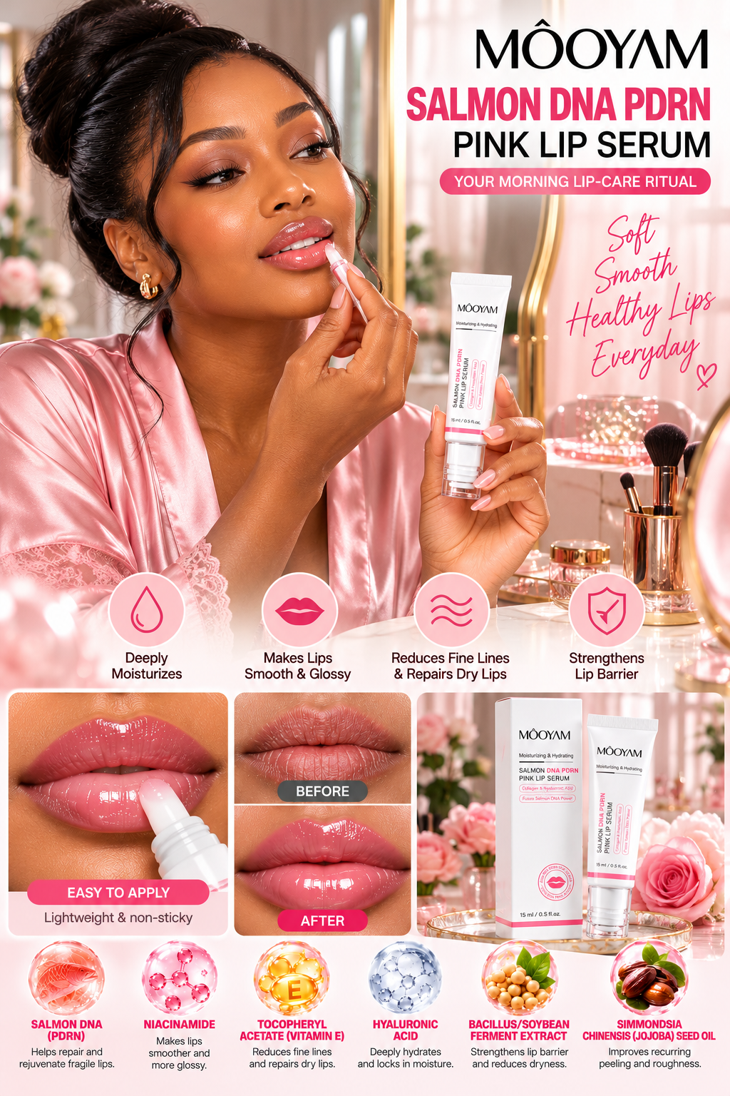 Mooyam Salmon DNA PDRN Pink Lip Serum Exfoliating for Dark Lips (Buy 1 get 1 free)