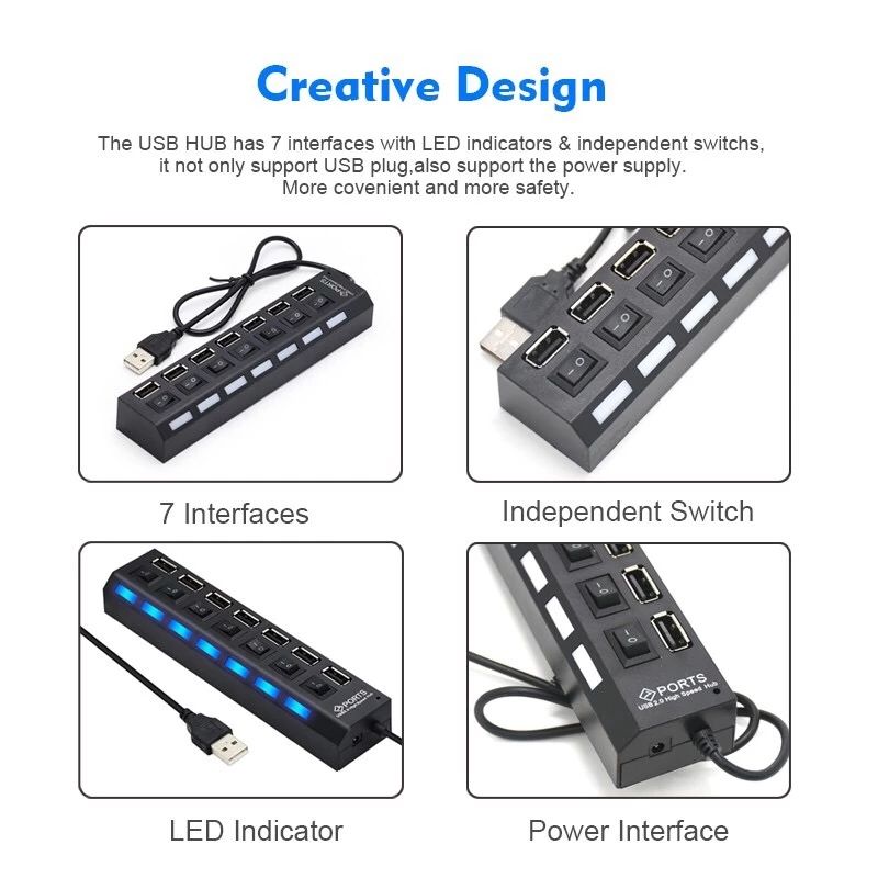 7 port USB HUB 2.0 Splitter Extender  Multiport Hab PC Accessories with Power Adapter for Computer