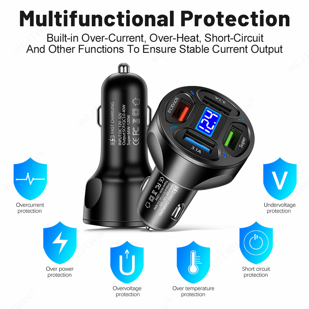 66W Fast Charging Digital Display Car Charger Adapter with 4 USB Ports Fast Charger Quick Charge 3.0 Overcurrent OTG OLP USB Interface Car Charger