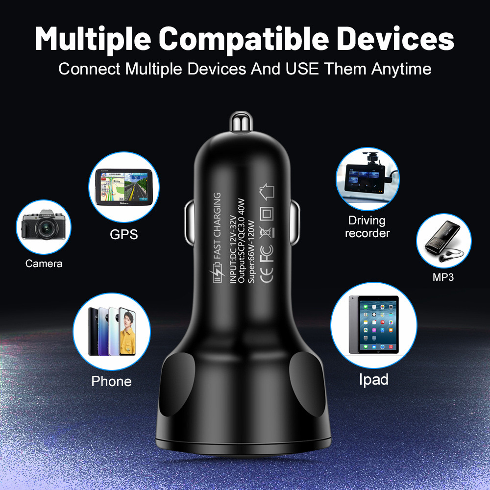 66W Fast Charging Digital Display Car Charger Adapter with 4 USB Ports Fast Charger Quick Charge 3.0 Overcurrent OTG OLP USB Interface Car Charger