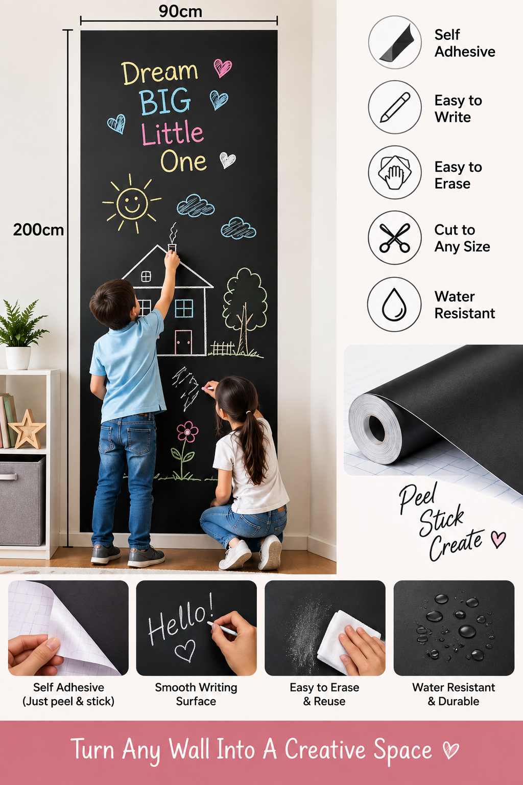 Peel & Stick Wallpaper Chalkboard (90cm × 200cm) with Free Chalk