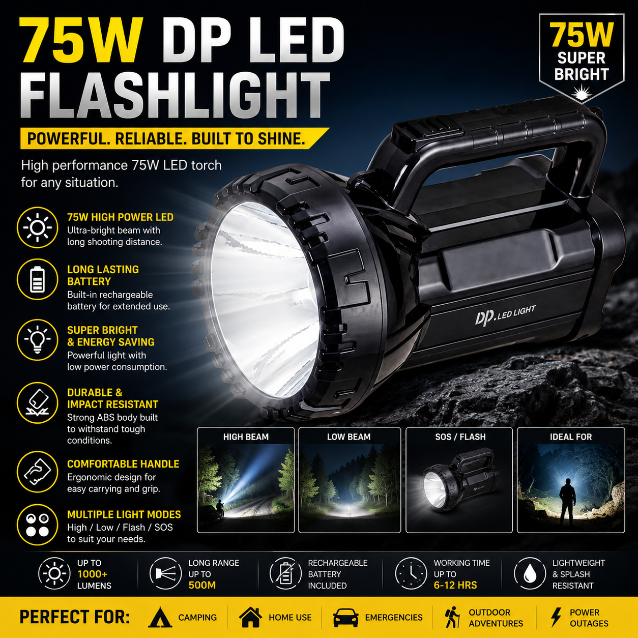 DP Rechargeable Super Powerful LED Flashflight  75W