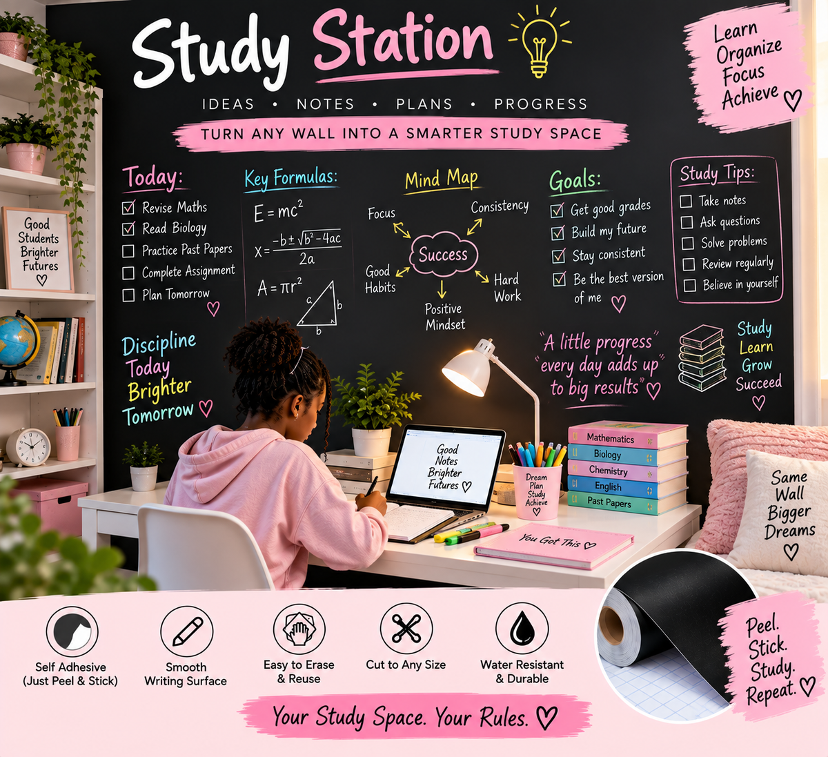 Peel & Stick Wallpaper Chalkboard (90cm × 200cm) with Free Chalk