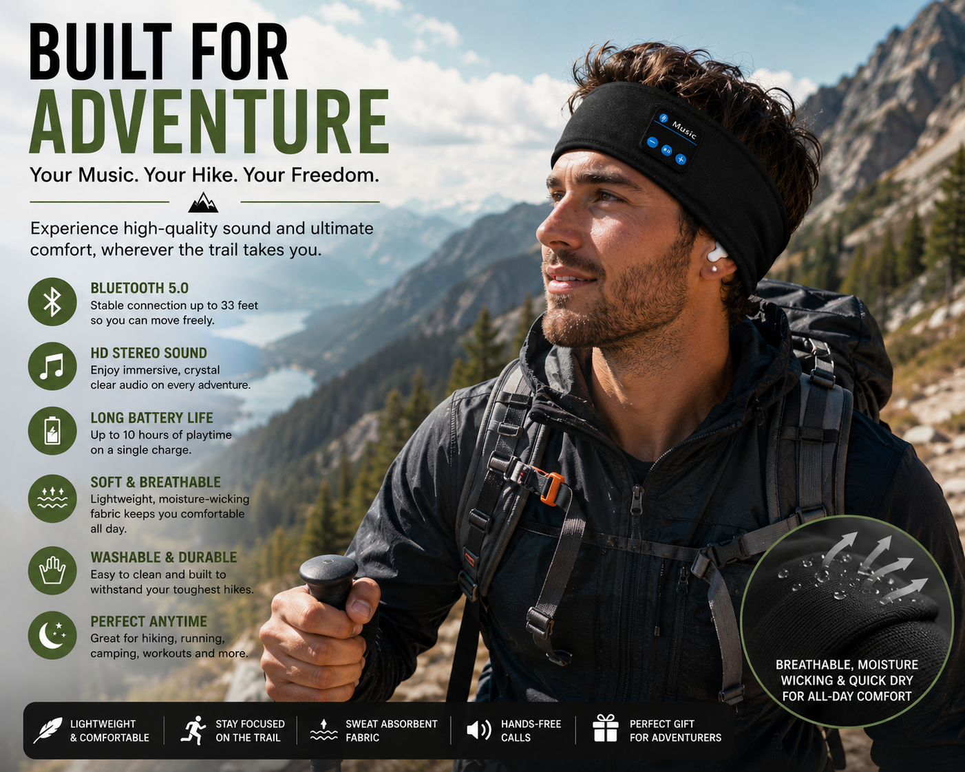 Comfortable Bluetooth Headband for Sports, Workouts and Sleeping