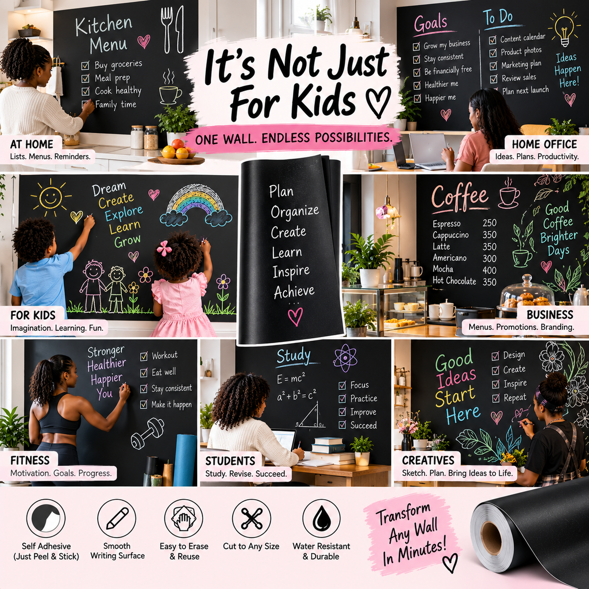 Peel & Stick Wallpaper Chalkboard (90cm × 200cm) with Free Chalk