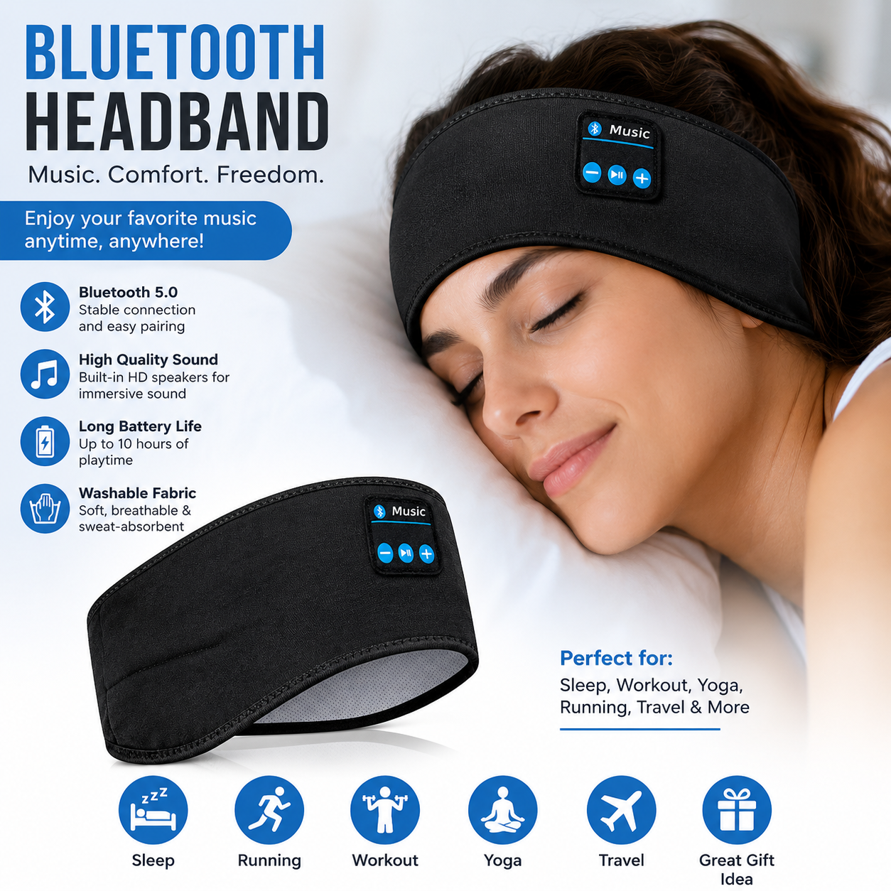 Comfortable Bluetooth Headband for Sports, Workouts and Sleeping