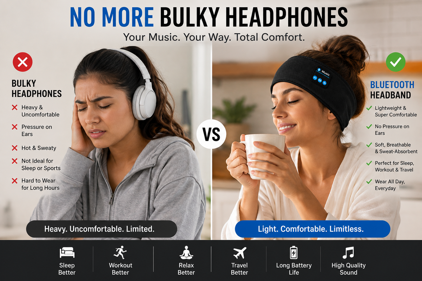 Comfortable Bluetooth Headband for Sports, Workouts and Sleeping