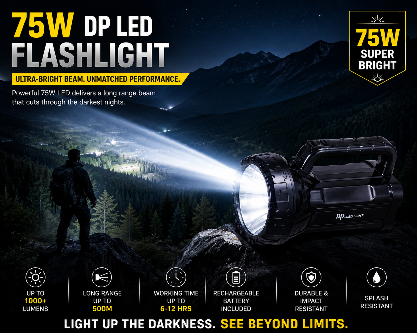 DP Rechargeable Super Powerful LED Flashflight  75W