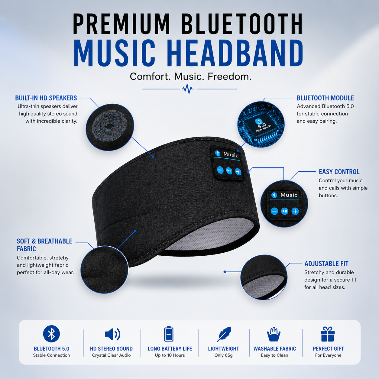 Comfortable Bluetooth Headband for Sports, Workouts and Sleeping