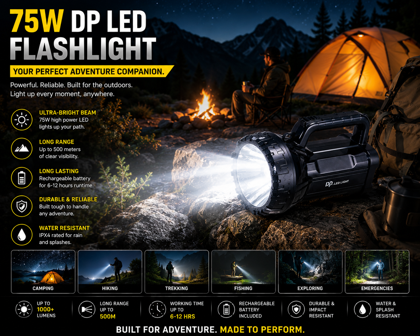 DP Rechargeable Super Powerful LED Flashflight  75W