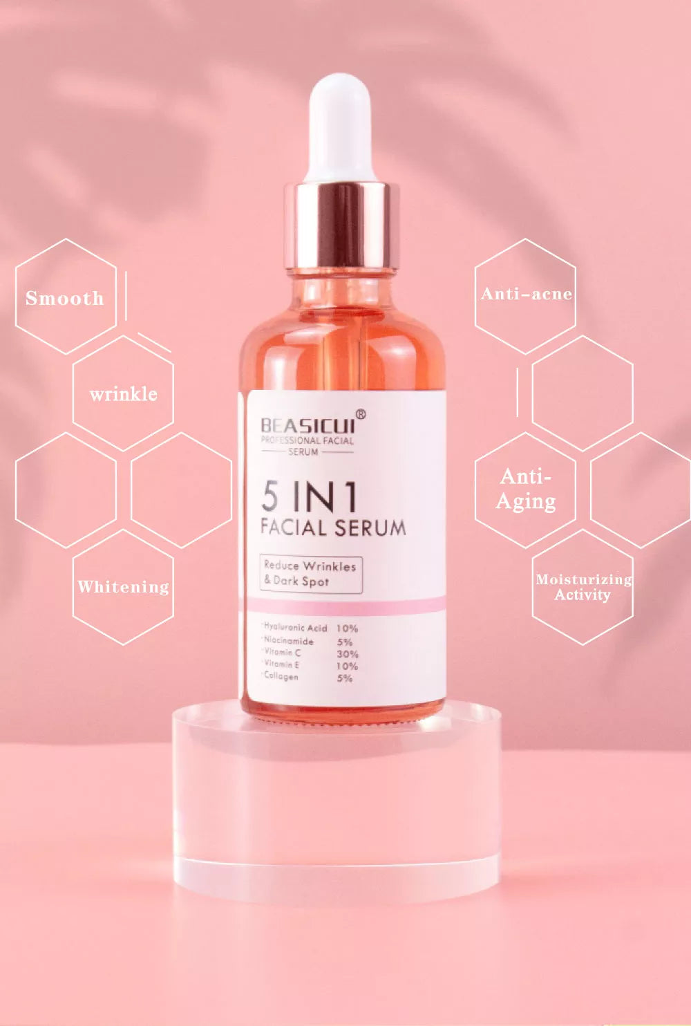 5 in 1 Anti Wrinkle Anti Aging Face Serum with 30% Vitamin C 5% Niacinamide 10% Hyaluronic Acid 10% Vit E 5% Collagen
