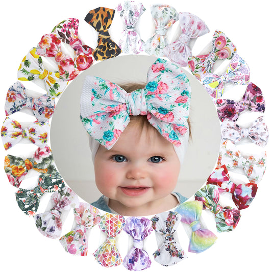 5pcs Elastic bows baby turban headwrap ,Soft colorful fabric BabyGirl headband