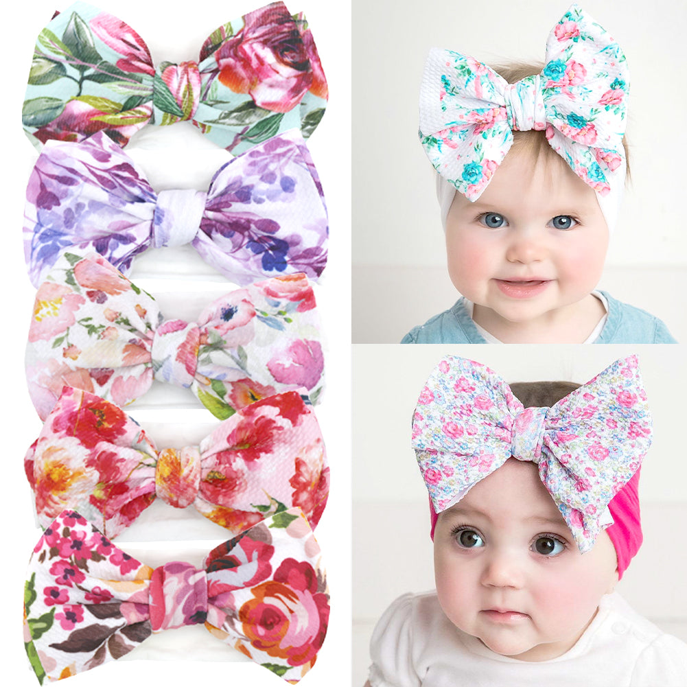 5pcs Elastic bows baby turban headwrap ,Soft colorful fabric BabyGirl headband